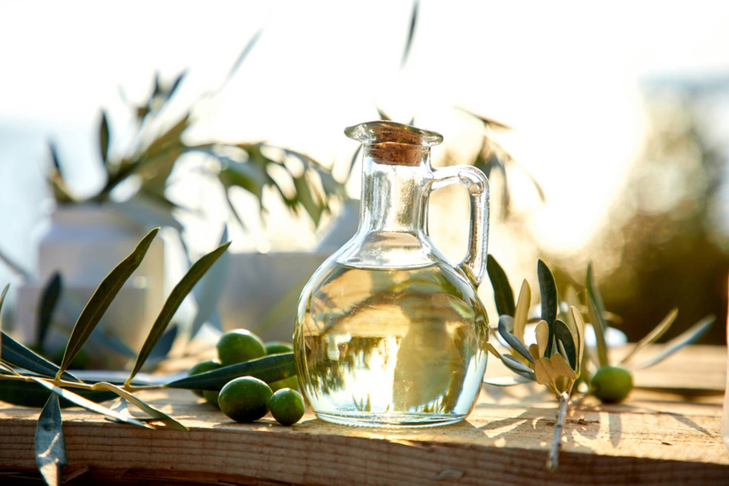 olive oil on table with leaves